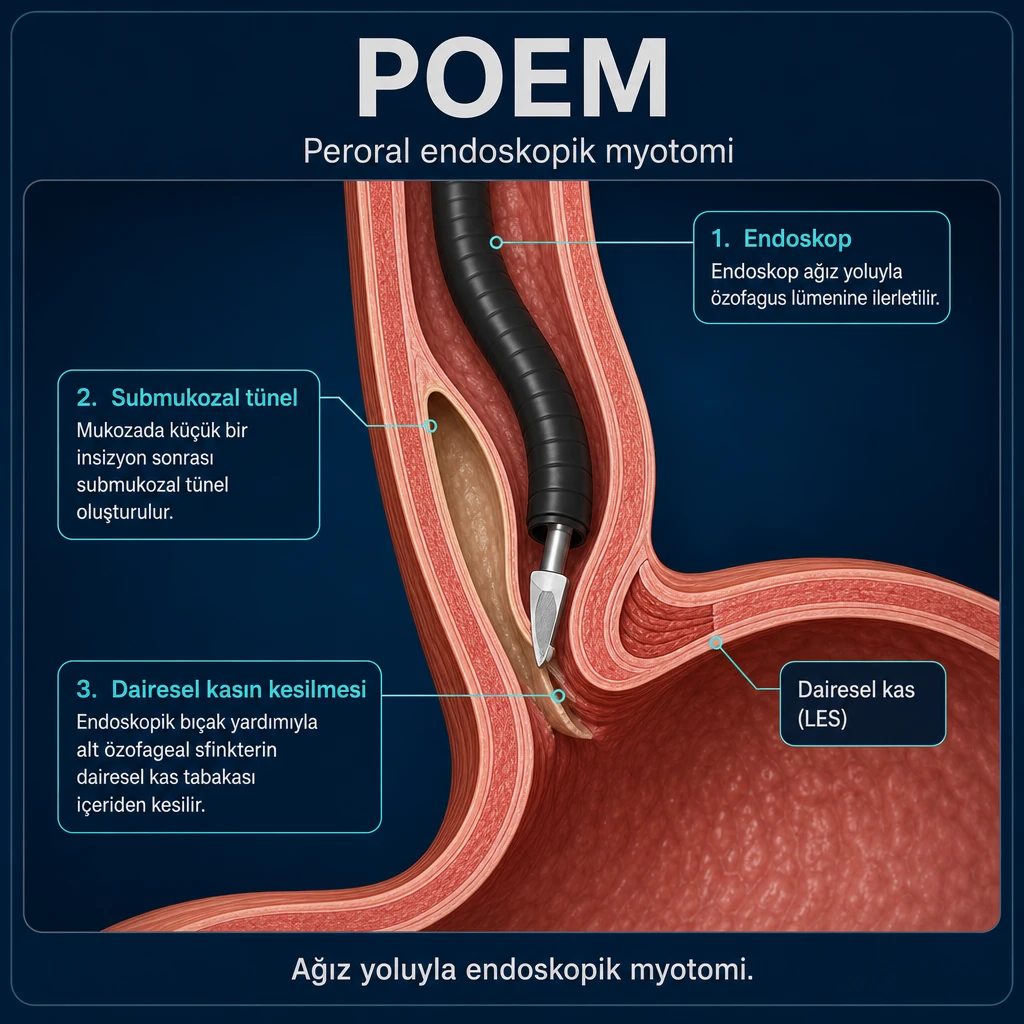 3D şema: akalazya — POEM (endoskopik myotomi)