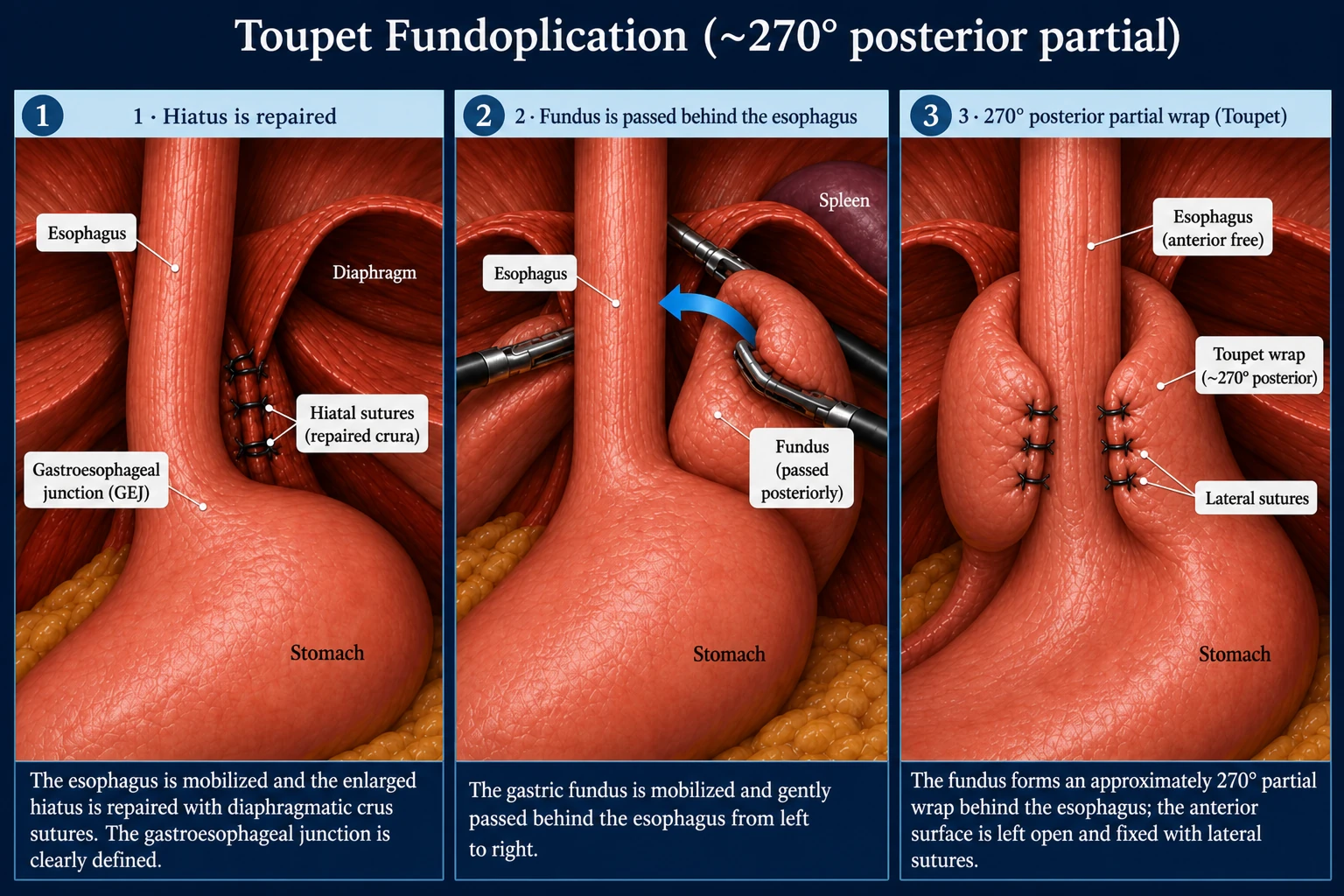 3D diagram: Toupet fundoplication (270° posterior partial wrap)