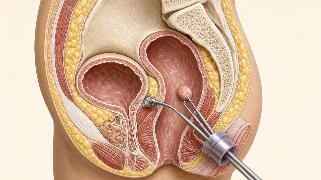 3D diagram: TAMIS — intact abdominal wall, transanal port reaching the rectum through the anal canal