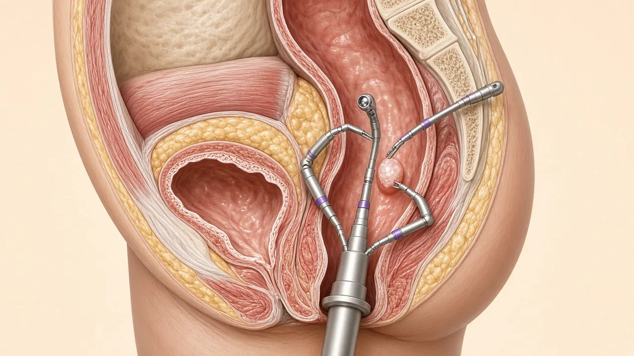3D diagram: da Vinci single-port TAMIS — camera and articulated arms through one transanal cannula, no abdominal ports