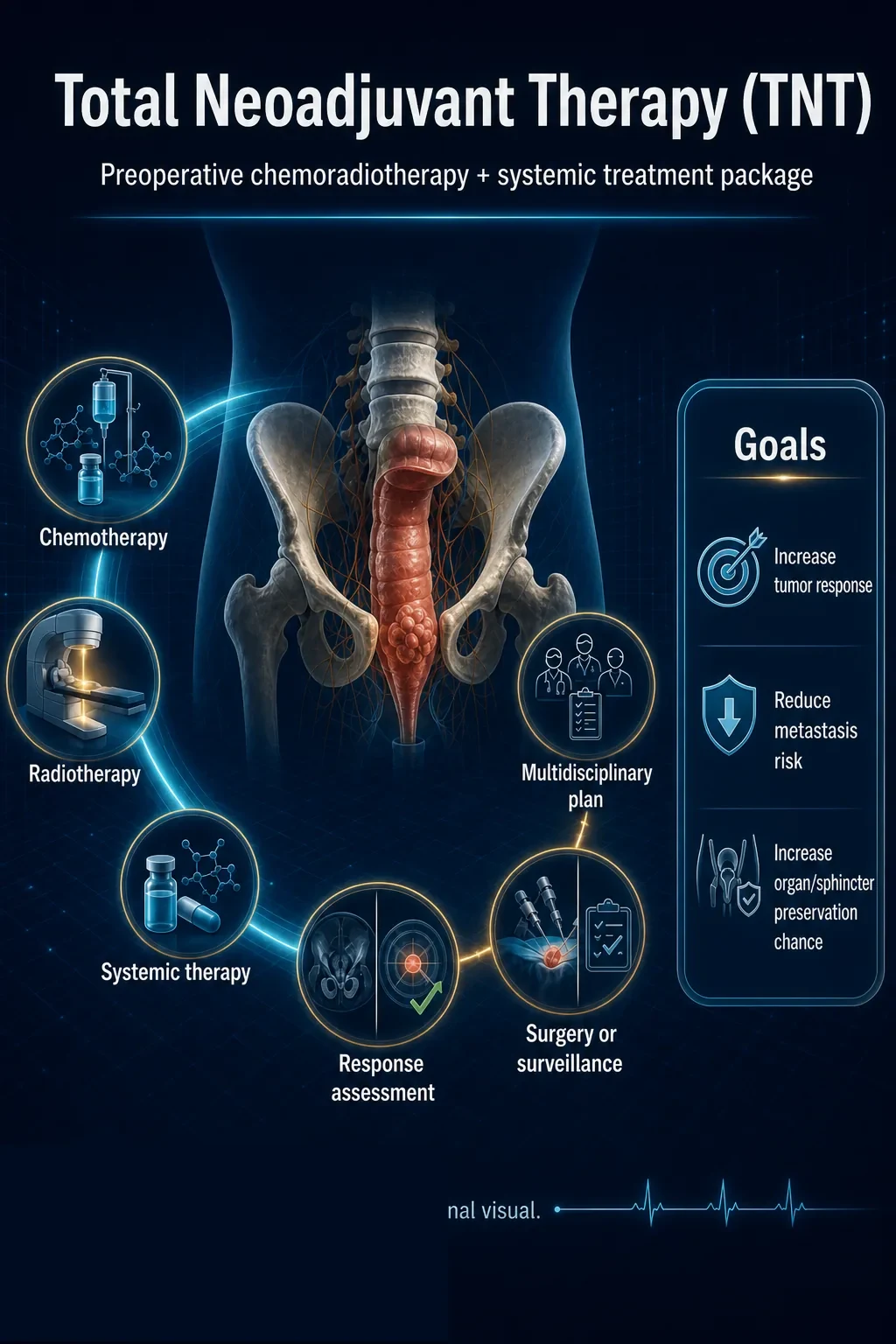3D diagram: TNT — total neoadjuvant therapy for rectal cancer