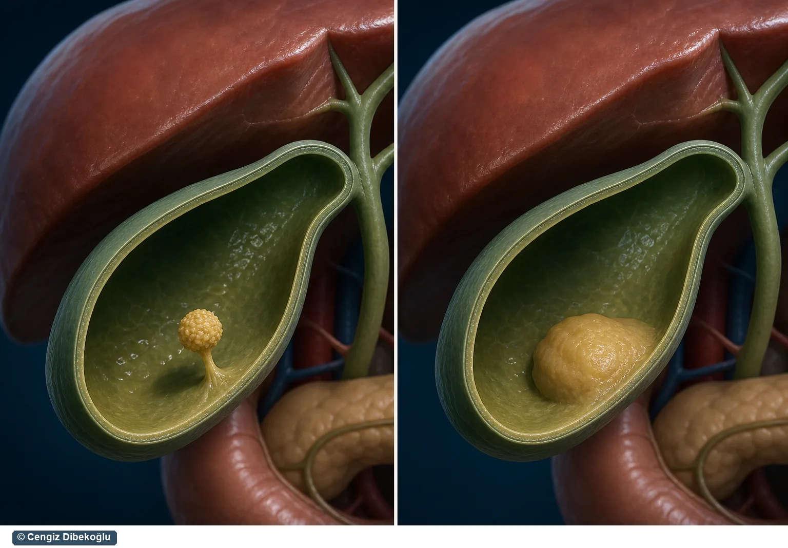 3D şema: tip ayrımı — kolesterol polipi vs adenomatöz polip