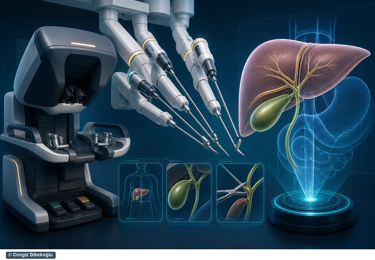 Robotik cerrahi konsol ve kollar 3D