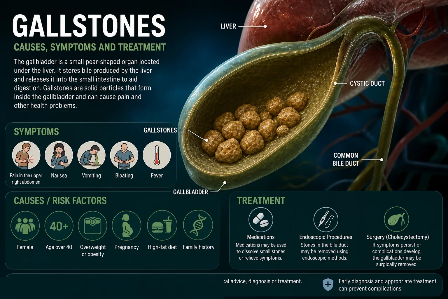 Gallstones inside the gallbladder — educational 3D figure