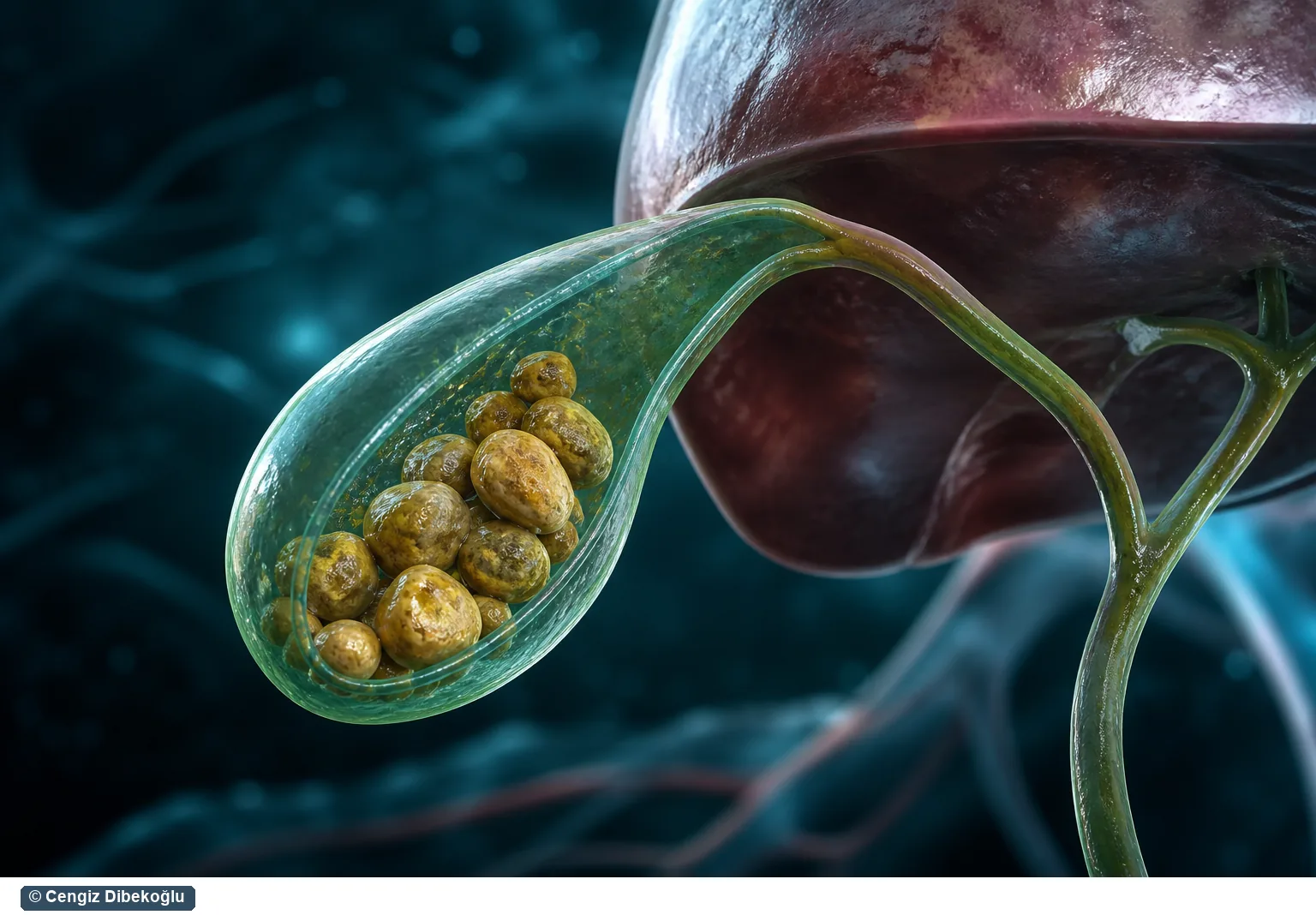 3D eğitim şeması: safra kesesi taşı anatomisini gösteren