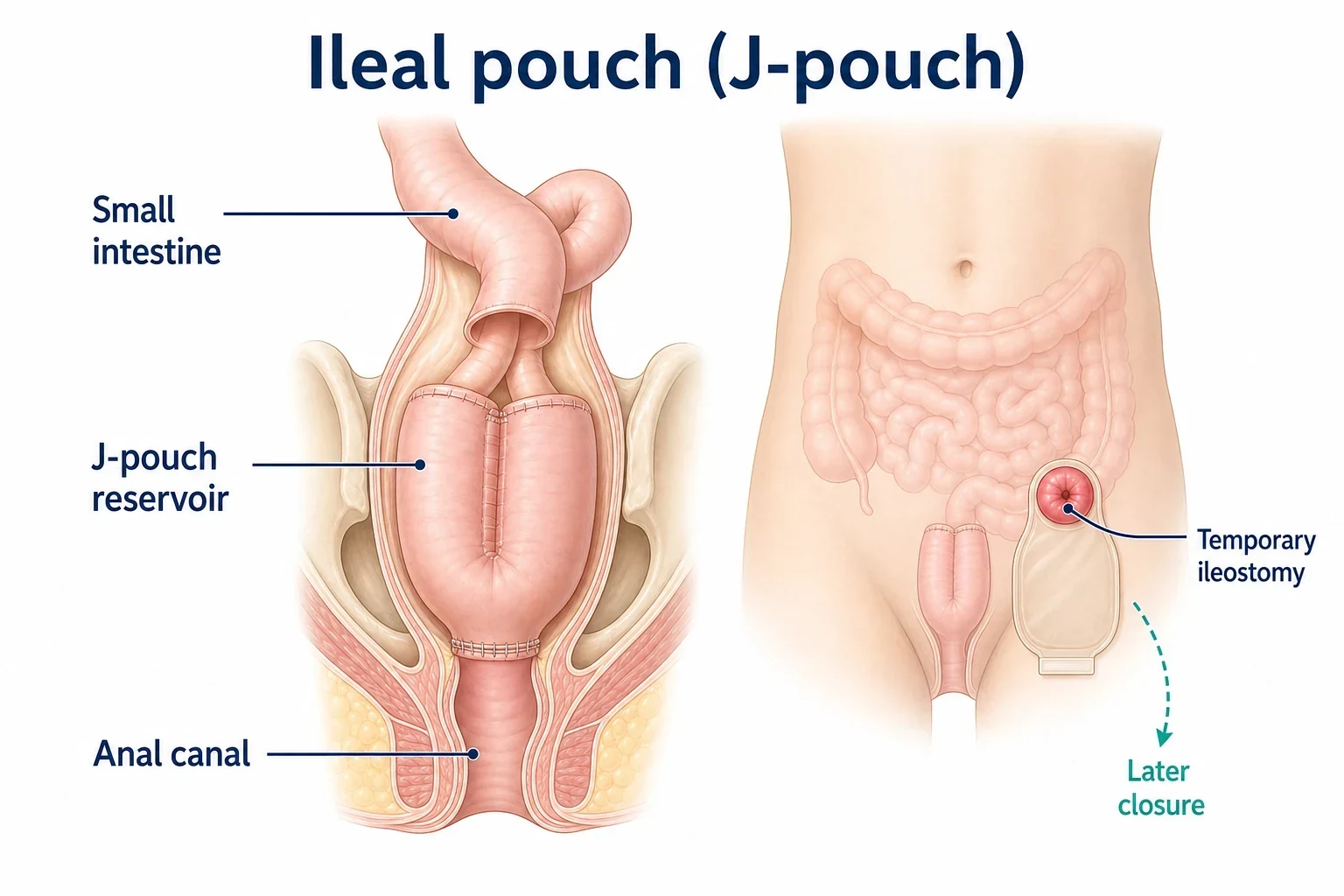 3D diagram: J-pouch from small bowel, anal anastomosis, and temporary ileostomy