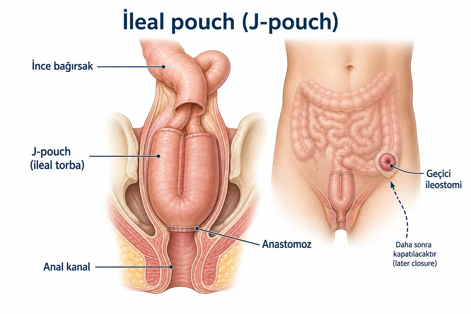 3D şema: ince bağırsaktan J-pouch, anal kanal anastomozu ve geçici ileostomi