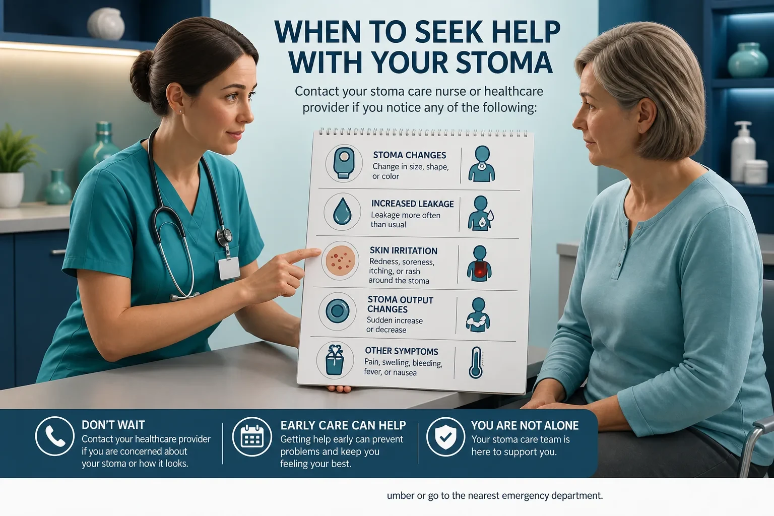 3D diagram: When to seek help — when to seek help with a stoma