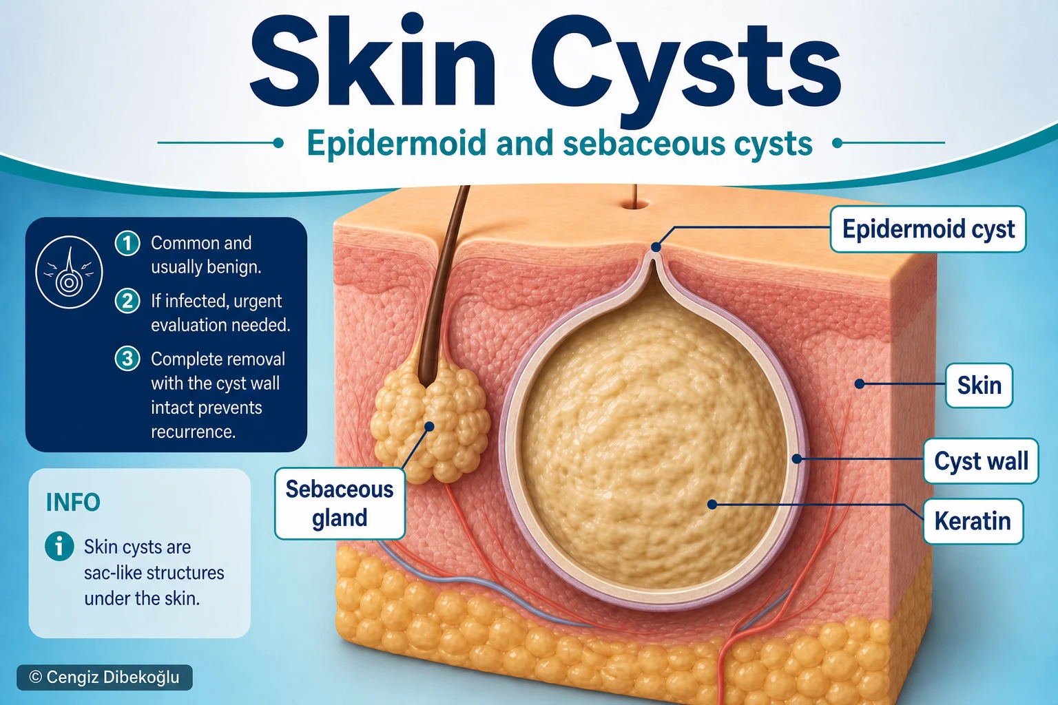 3D diagram: Skin cyst — cyst wall, keratin, and sebaceous gland