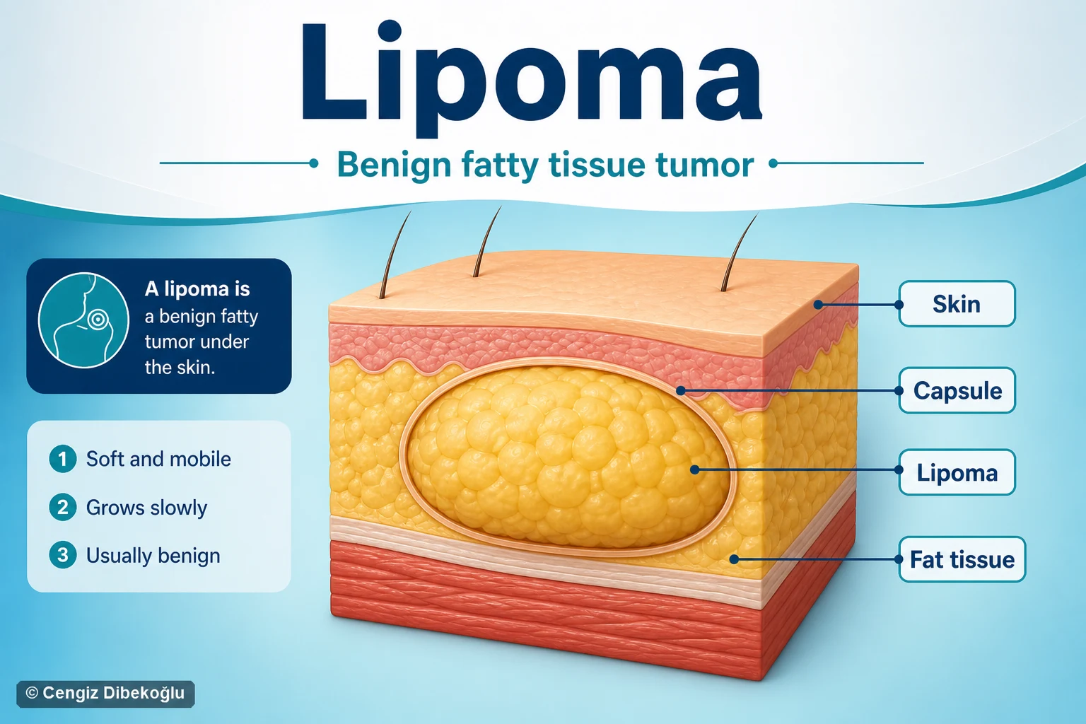 3D diagram: Lipoma — subcutaneous fatty mass