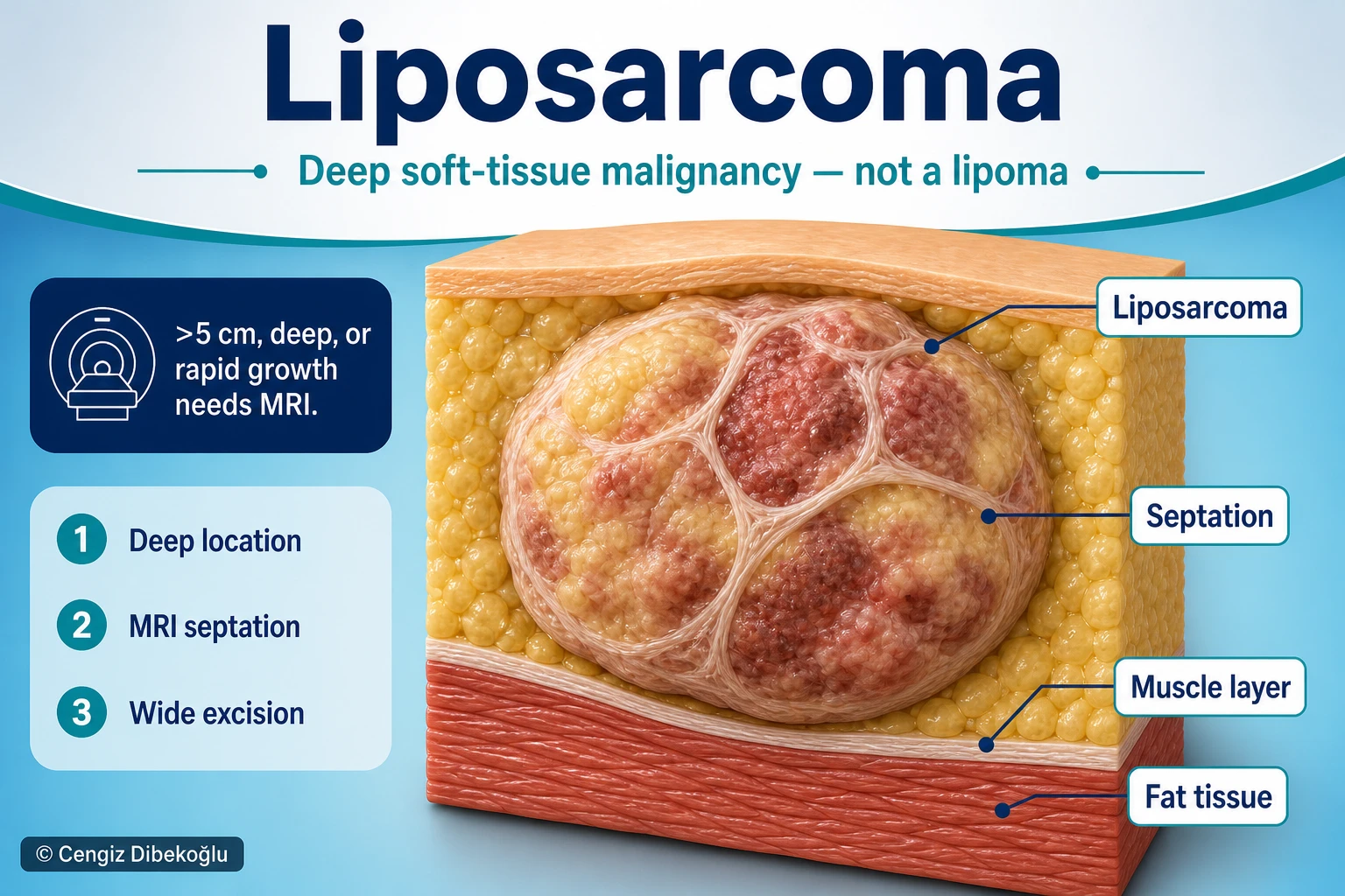 3D diagram: Liposarcoma — deep fatty malignancy