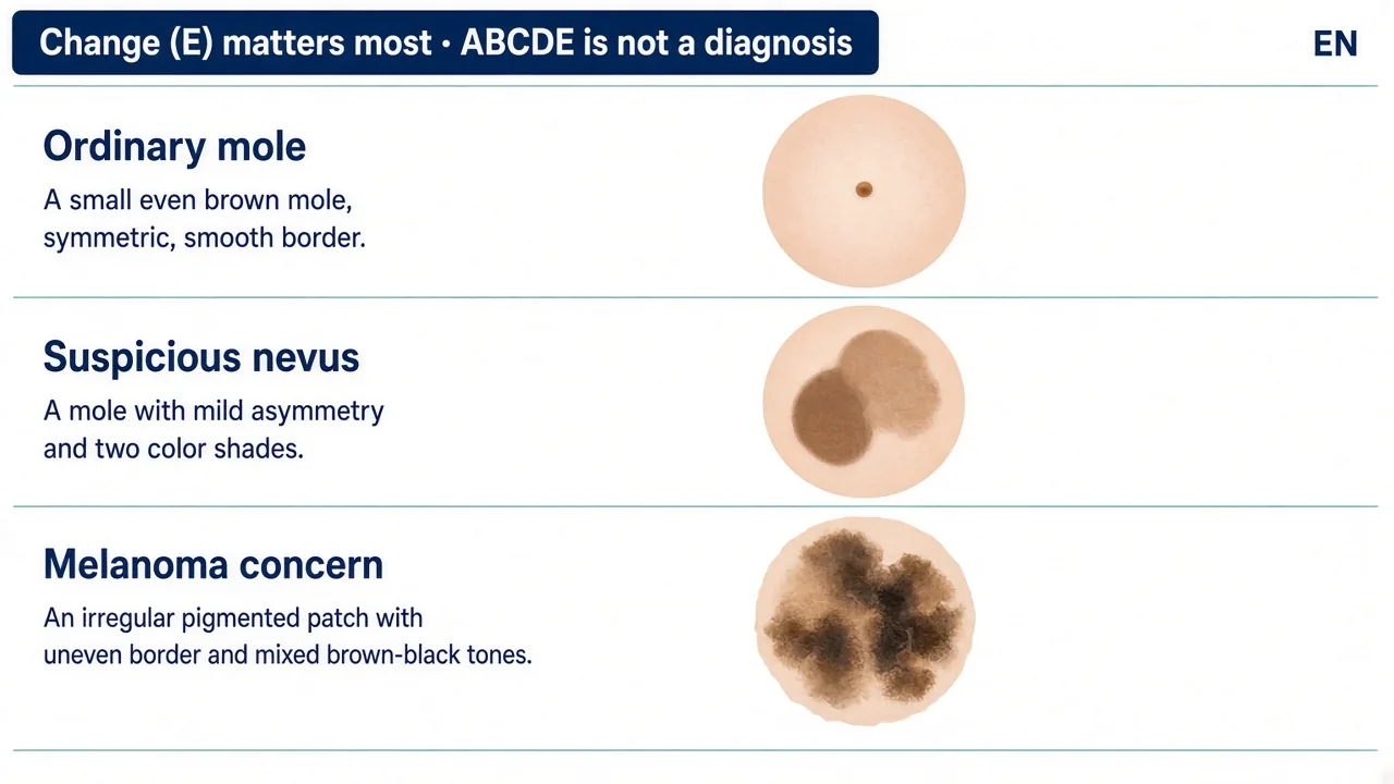 Educational diagram: ordinary mole, suspicious nevus, and melanoma concern
