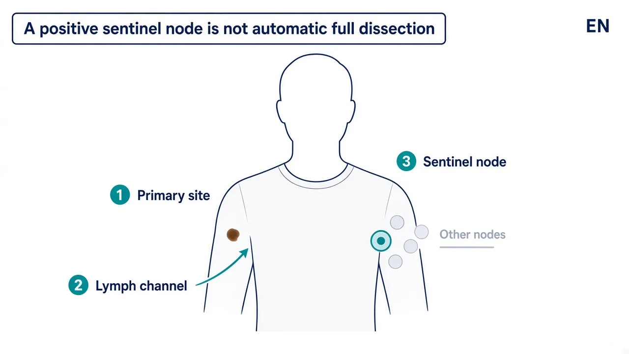 Diagram of drainage from a primary site along a lymph channel to a sentinel node; a positive node is not automatic full dissection