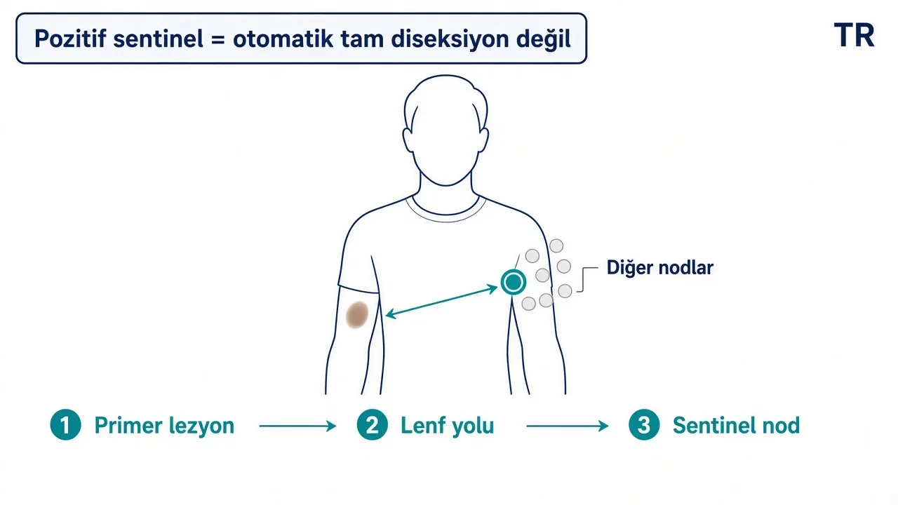 Eğitim şeması: primer lezyondan lenf yoluyla sentinel noda akım; pozitif sentinel otomatik tam diseksiyon değildir