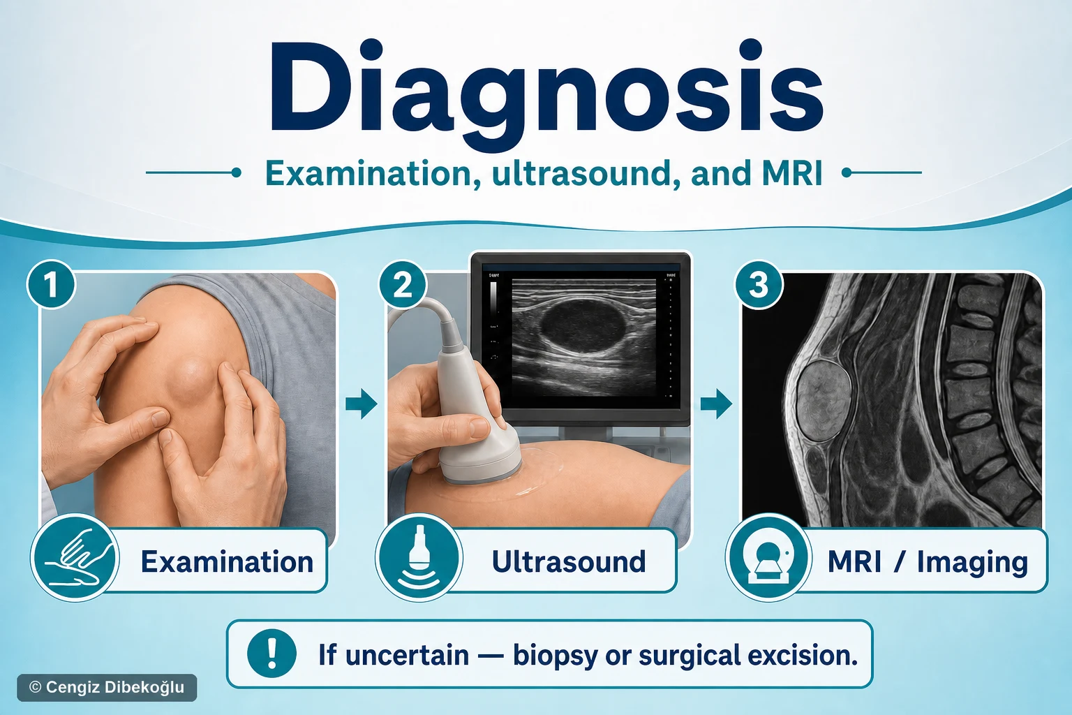 3D diagram: Diagnosis — exam, ultrasound, MRI
